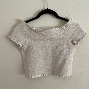 OAK + FORT off the shoulder smocked crop top